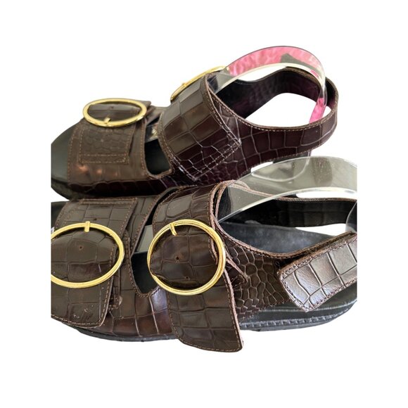 ASRA Womens Brown Croc-Embossed Chunky Sandals With Gold Buckles - Picture 13 of 15